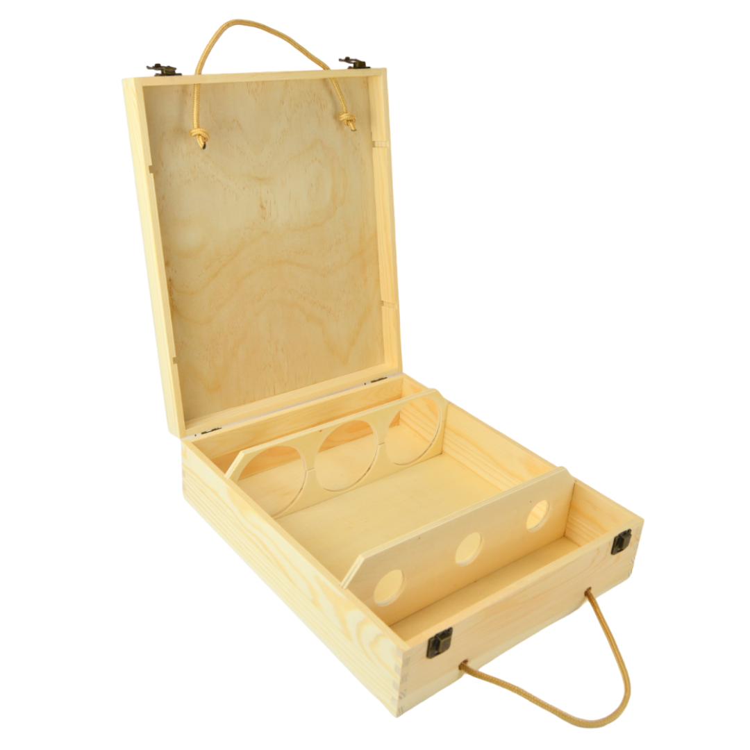 pz 1 scatola vino in legno naturale (3 bottiglie) cassetta porta bottiglie in legno con manici in corda e chiusura a scatto esposizione o per regalo
