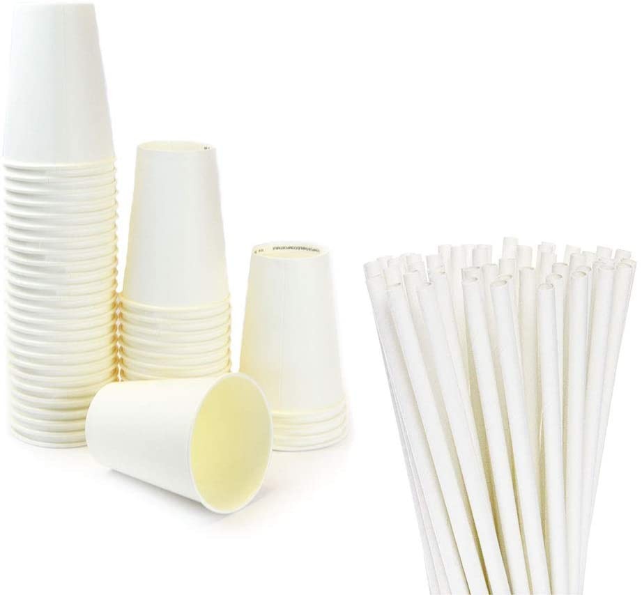 Pz 100 Bicchieri riciclabili da ml 250 in carta bianca + pz 150 cannucce bianche compostabli