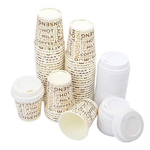 pz 100 bicchieri in carta cl 10 (4 oz) decorati+pz 100 coperchi bianchi con beccuccio per asporto caffe 