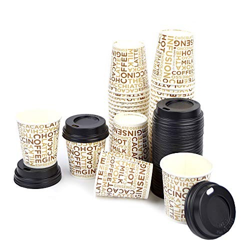 pz 100 bicchieri in carta cl 10 (4 oz) decorati+pz 100 coperchi neri con beccuccio per asporto caffe 