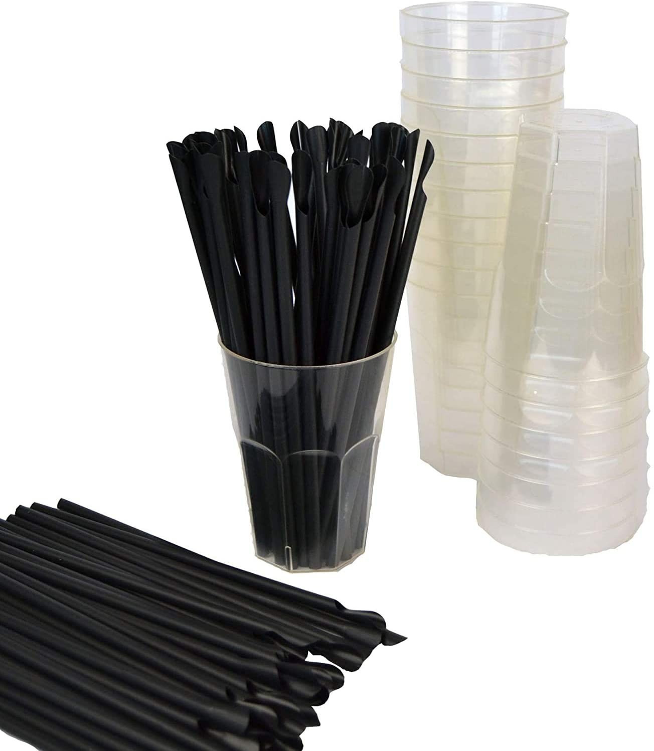Kit promozionale pz 40 Bicchiere trasparente compostabile ecologico da 300 CC + pz 250 cannucce cucchiaio nere biodegradabili