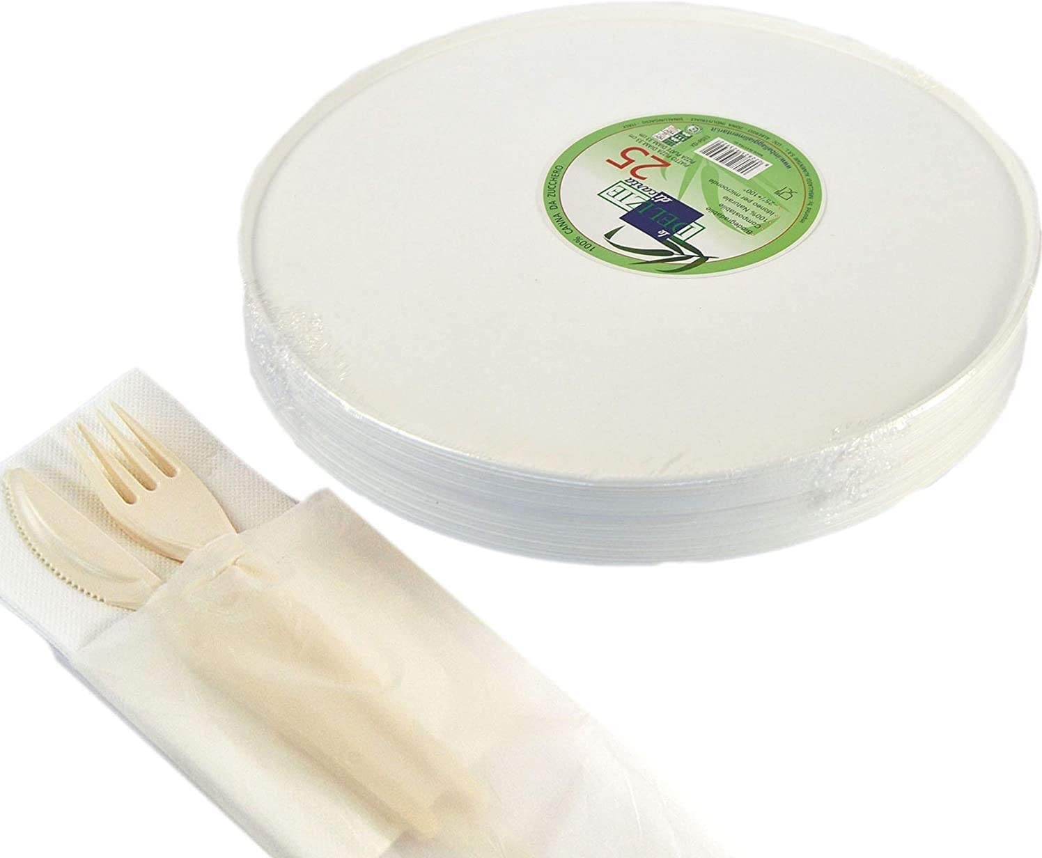  pz 25 piatto pizza compostabile diametro 33 cm + pz 25 bis posate bio imbustate