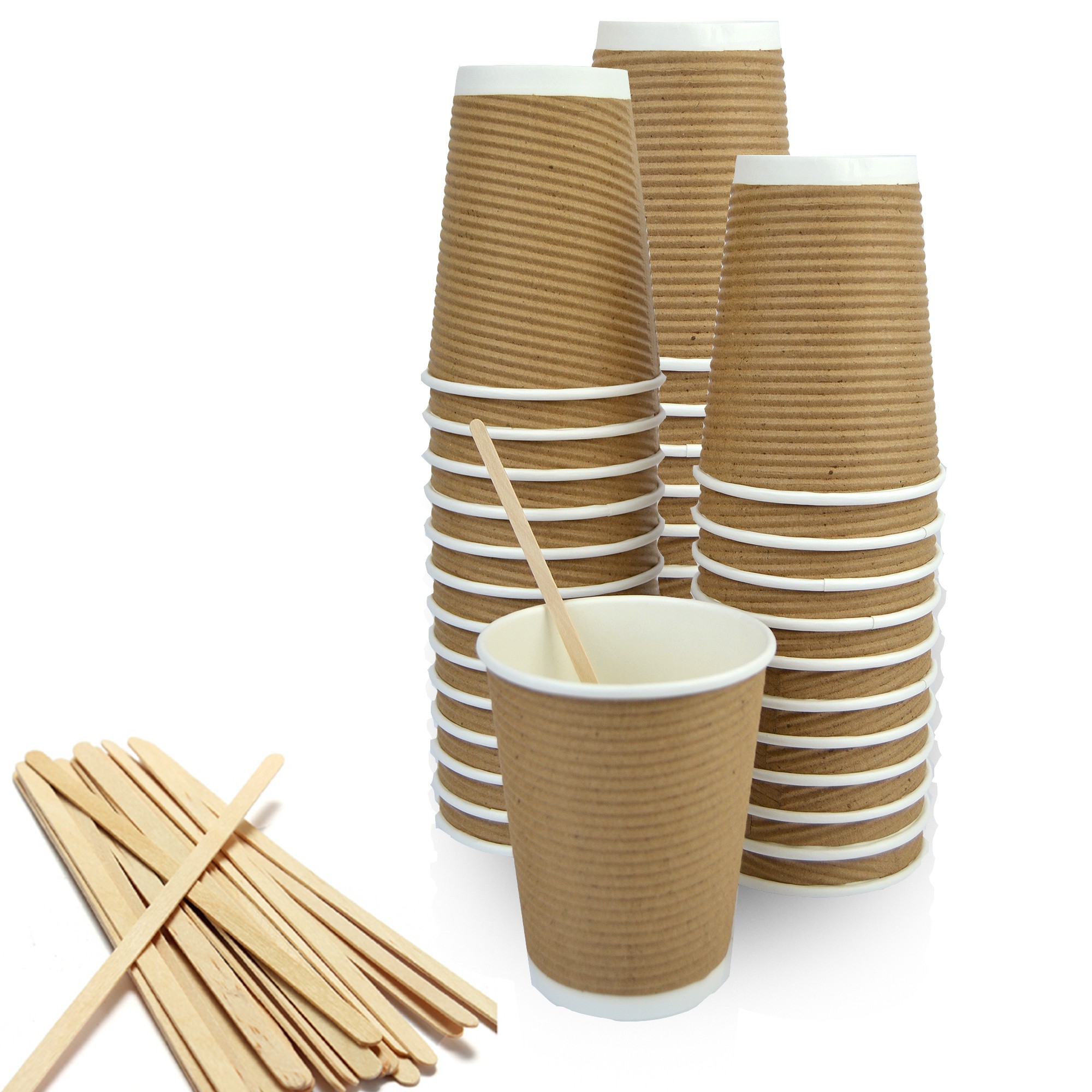 pz 100 bicchieri cappuccino marrone chiaro 420 ml h 11 cm x 8 cm diametro + pz 100 stecche incartate 19 cm