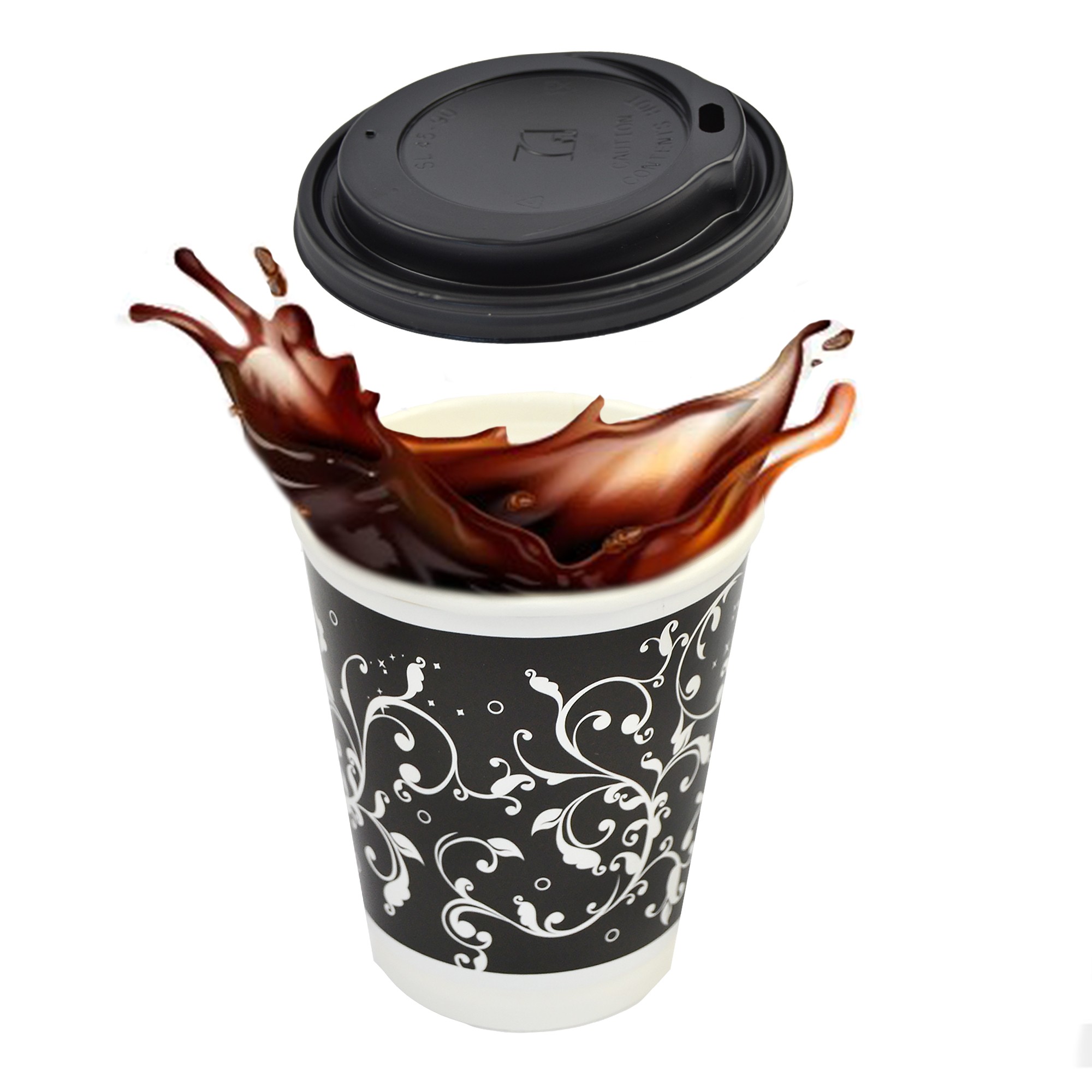 pz 100 bicchieri 450 ml in carta decorato + pz 100 coperchio nero con beccuccio per cappuccino e caffe 