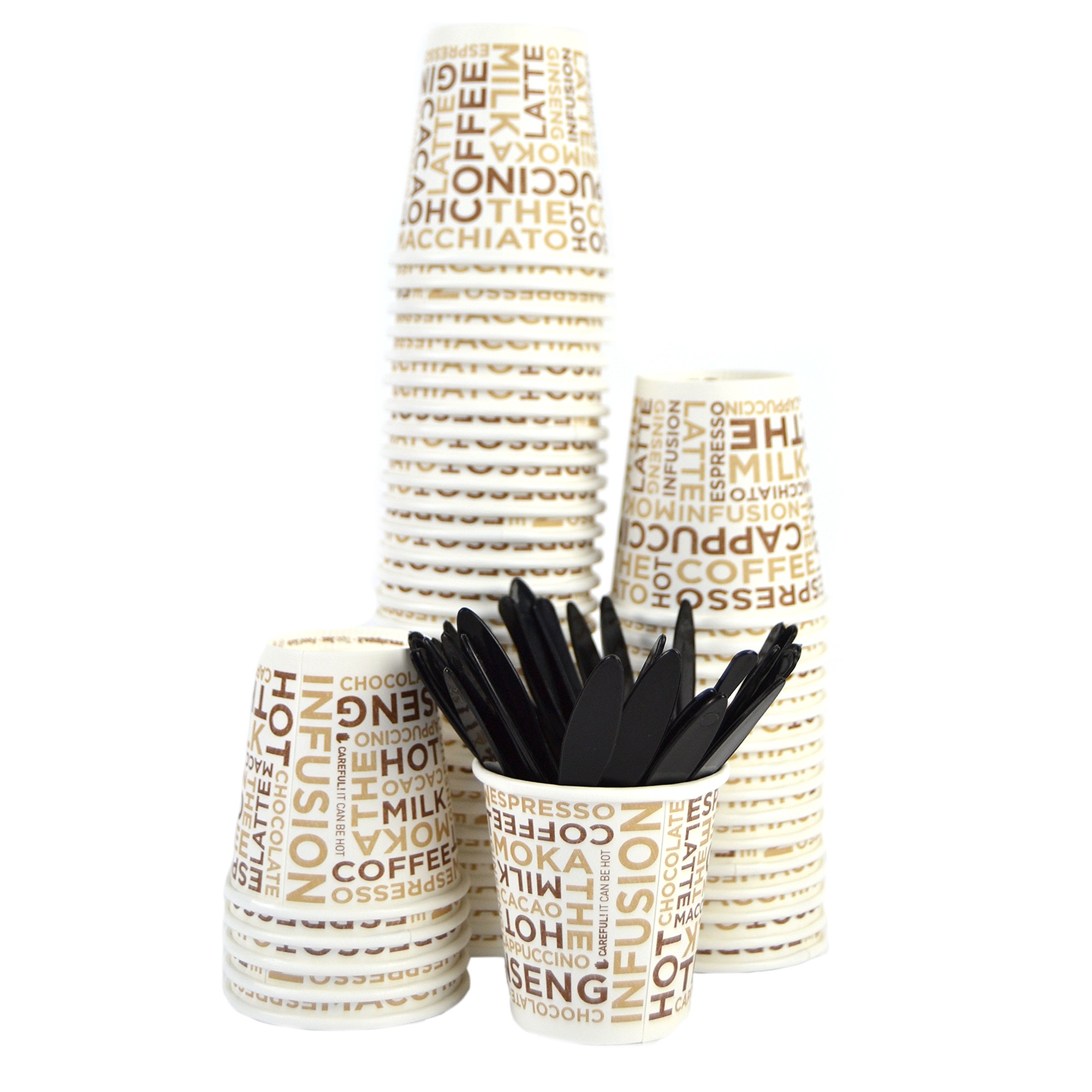 Kit Promozionale PZ 100 bicchieri bianchi decorati con scritte in carta per caffè da cl 8 (3 oz) + pz 100 palette rigide nere bicchierino per caffe