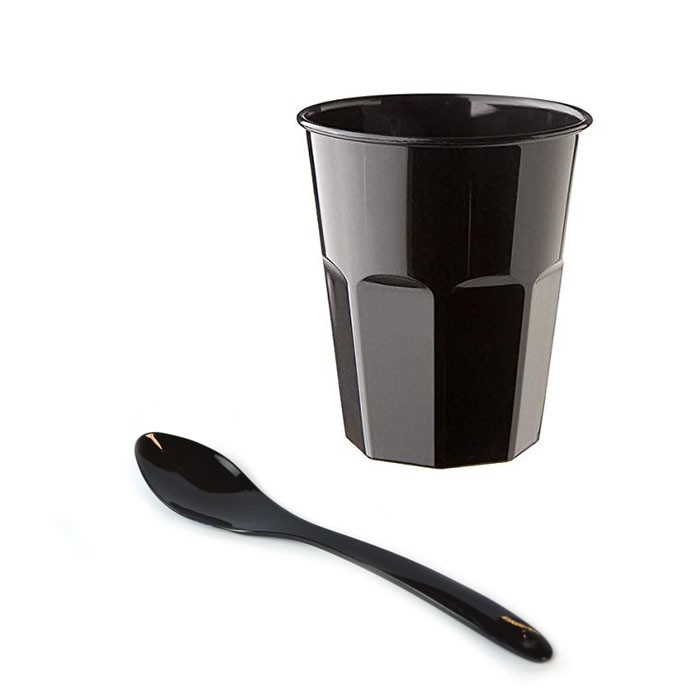 Kit promozionale pz 100 Bicchiere nero da 270 CC + pz 500 cucchiaini in plastica nera da 13,8 cm