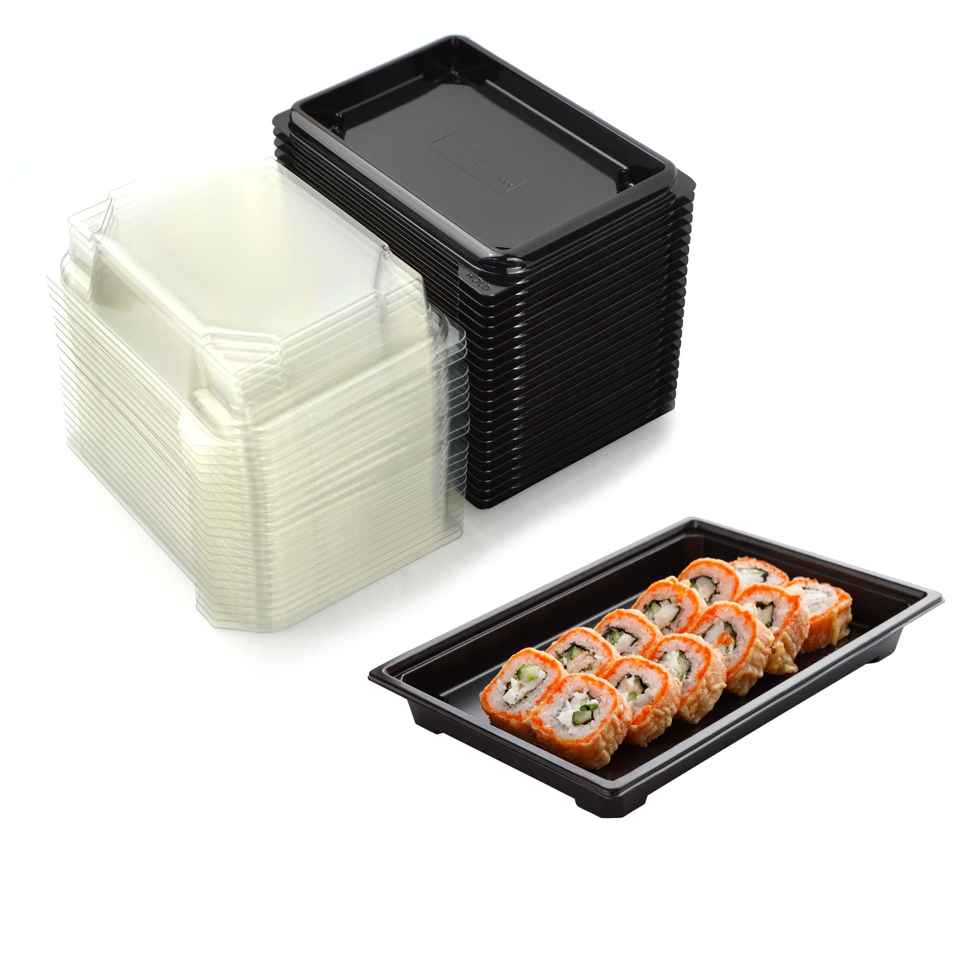 pz 50 vaschetta nera per sushi, sashimi, pesce ideale per l'asporto di circa 3/6 porzioni + coperchio trasparente 