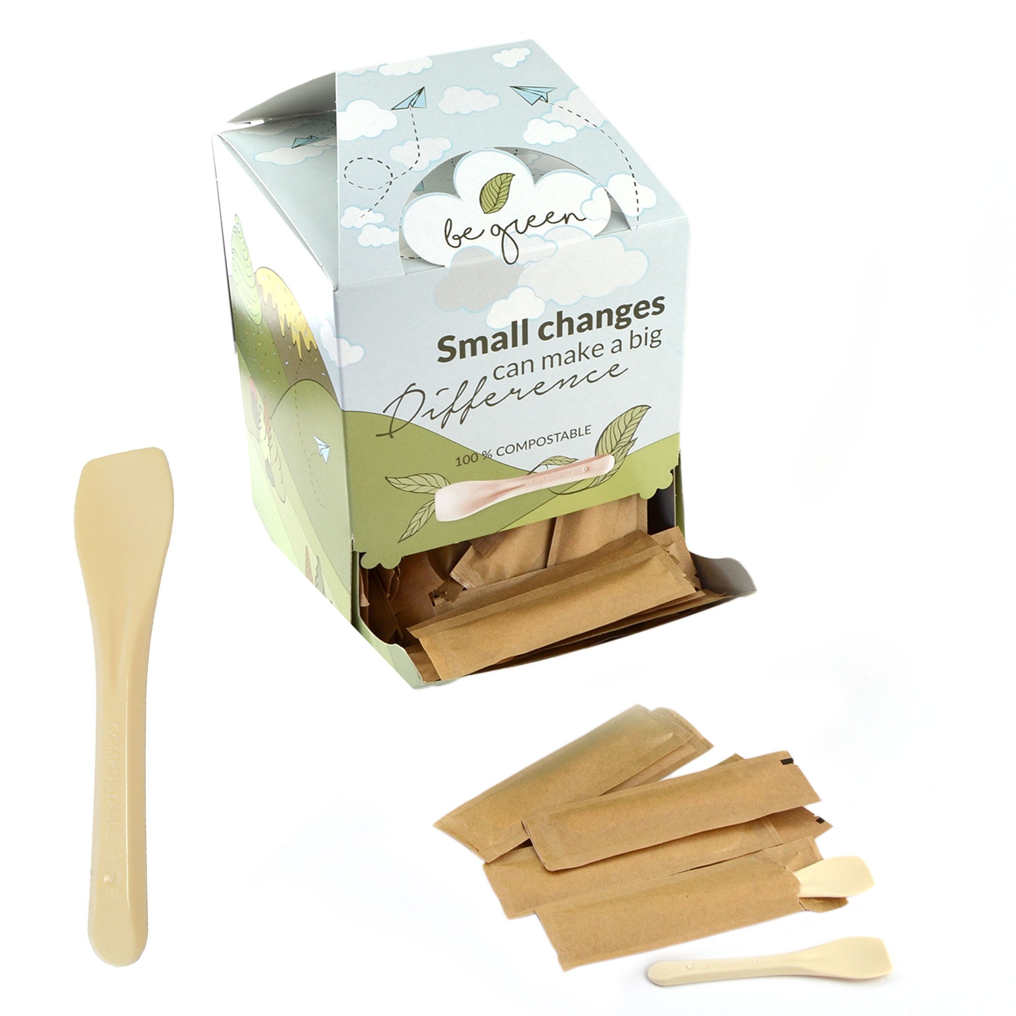 Pz  200 cucchiaini beige incartati singolarmente compostabili lunghezza 9 cm ideali per gelato, semifreddi, yogurt e dolci compostable beige spoons