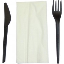 PZ 50 Set nero forchetta e coltello in pla bio black + tovagliolo posate biodegradabili e compostabili imbustate