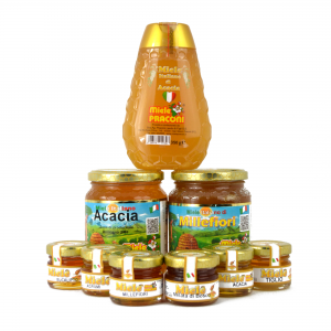 kit miele 1 x 500 gr miele millefiori + 1 x 500 gr miele acacia + 1 x 350 gr squeezer miele acacia + pz 10 vasetti miele da 30 gr assortiti