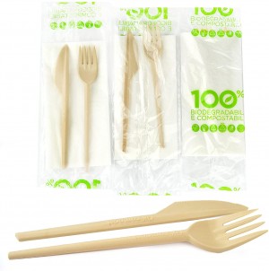 pz 50 bis posate 100% biodegradabili e compostabili (forchetta + coltello) colore avana imbustati con tovagliolo ideale per asporto.